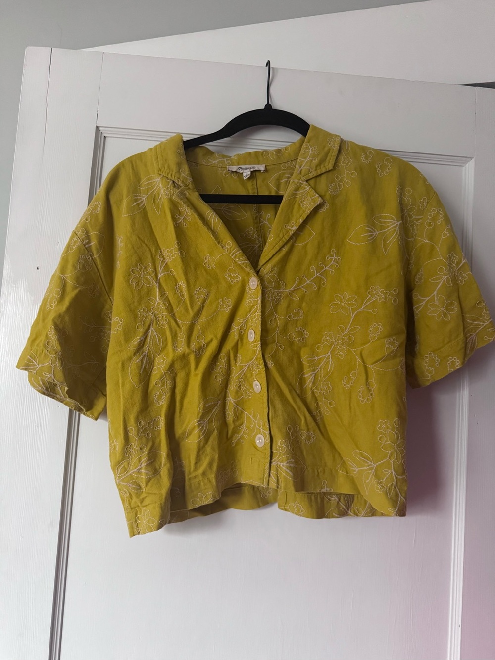 Madewell Yellow Embroidered Crop Button-Front Short Sleeve Shirt